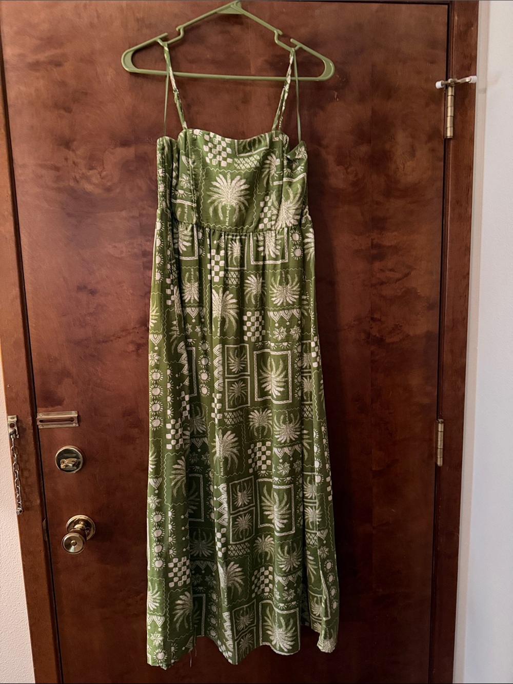 Rachel Zoe Olive Green Palm-Print Midi Dress with White Motif